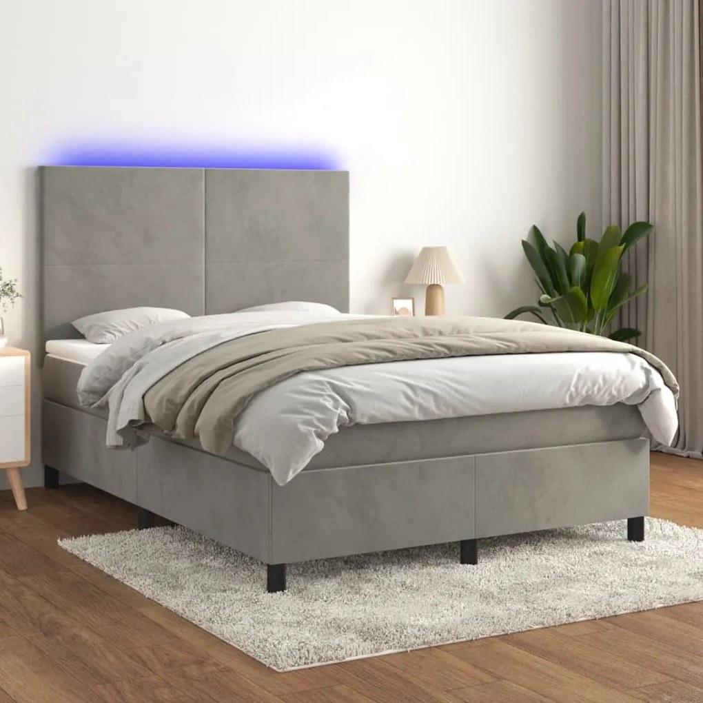 Cama box spring c/ colchão/LED 140x200 cm veludo cinzento-claro