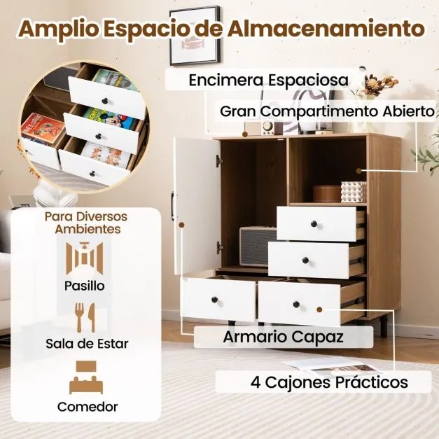 Armário com 4 gavetas e compartimento aberto, com pés de metal 80 x 45,5 x 97,5 cm, cor natural e branco