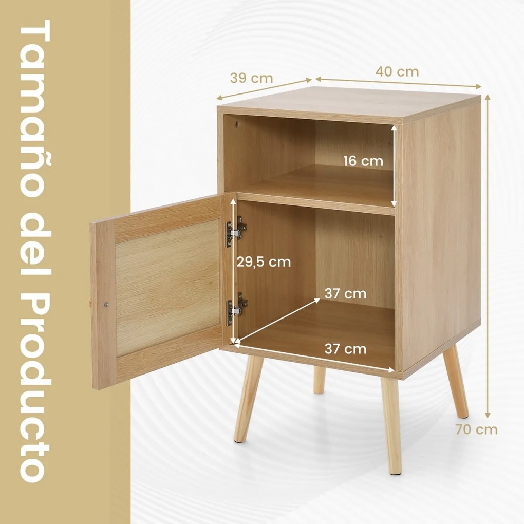 Mesa cabeçeira ou de apoio com Estante e Porta Decorada em Rattan PE para Quarto Sala de Estar 40 x 39 x 70 cm Natural