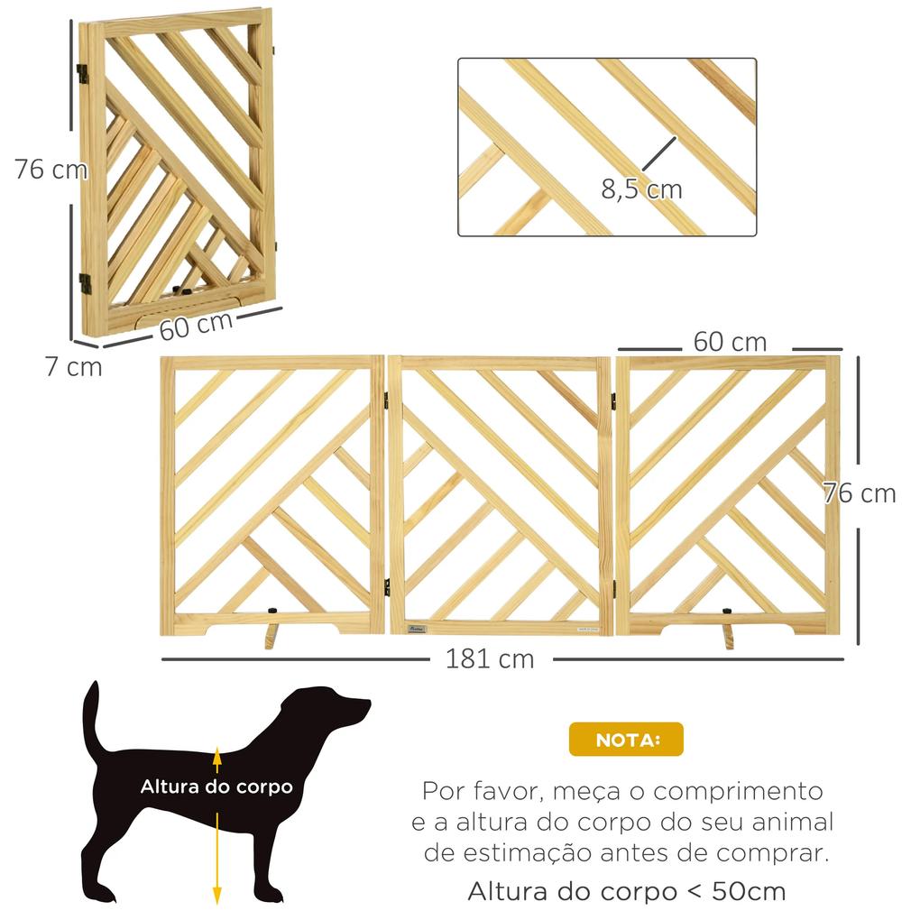 Barreira de Segurança Dobrável para Cães Grade de Madeira para Escadas e Portas de 3 Painéis com Base Antiderrapante e Pés 181x35x76cm Madeira