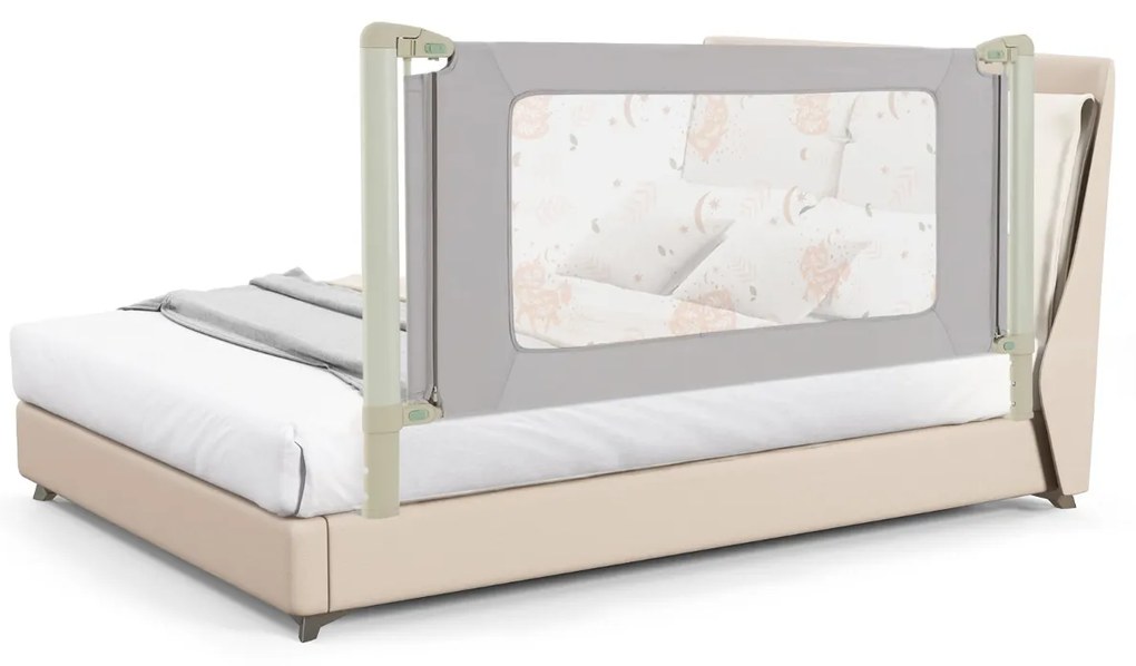 Barra segurança para cama infantil de 180 cm com elevação vertical de altura ajustável e trava de segurança dupla com impressão de folhas cinza