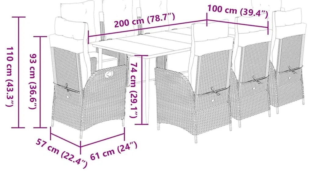 9 pcs conjunto de jantar p/ jardim c/ almofadões vime PE preto