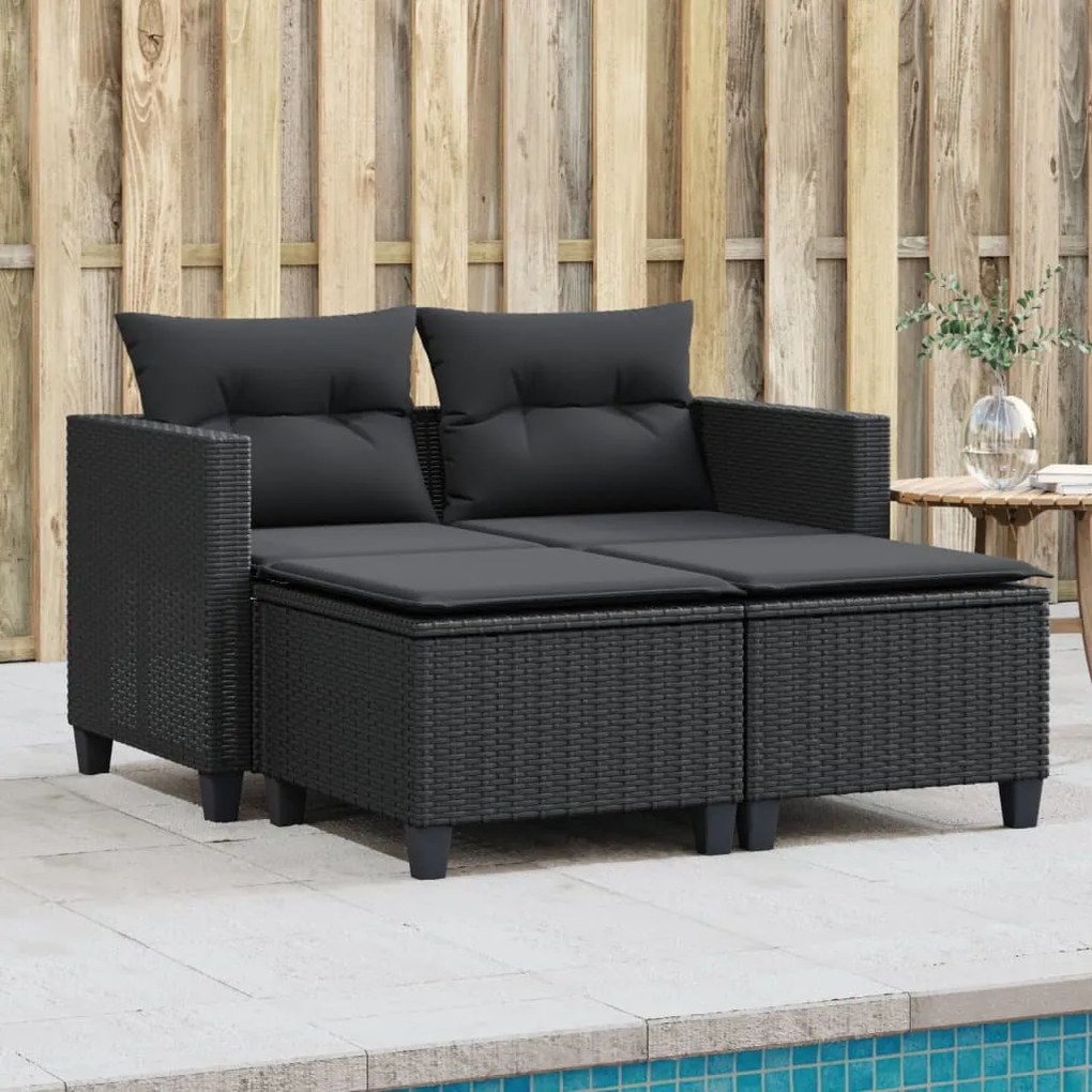 vidaXL Sofá de jardim de 2 lugares com bancos vime PE preto