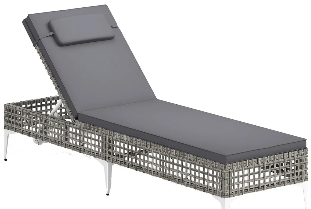 Espreguiçadeira de jardim com encosto ajustável em 6 níveis, almofada e apoio para a cabeça removíveis com capa com fecho de correr cinzenta