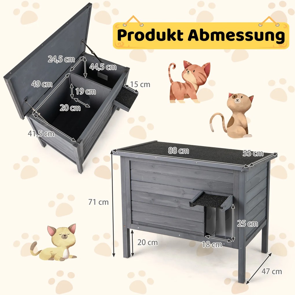 Casa para gatos de madeira para inverno ao ar livre com isolamento de espuma e telhado cinzento