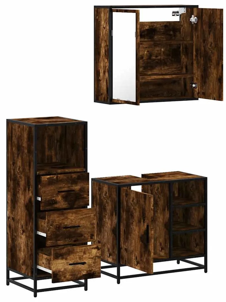 3 pcs conjunto de móveis WC madeira processada carvalho fumado