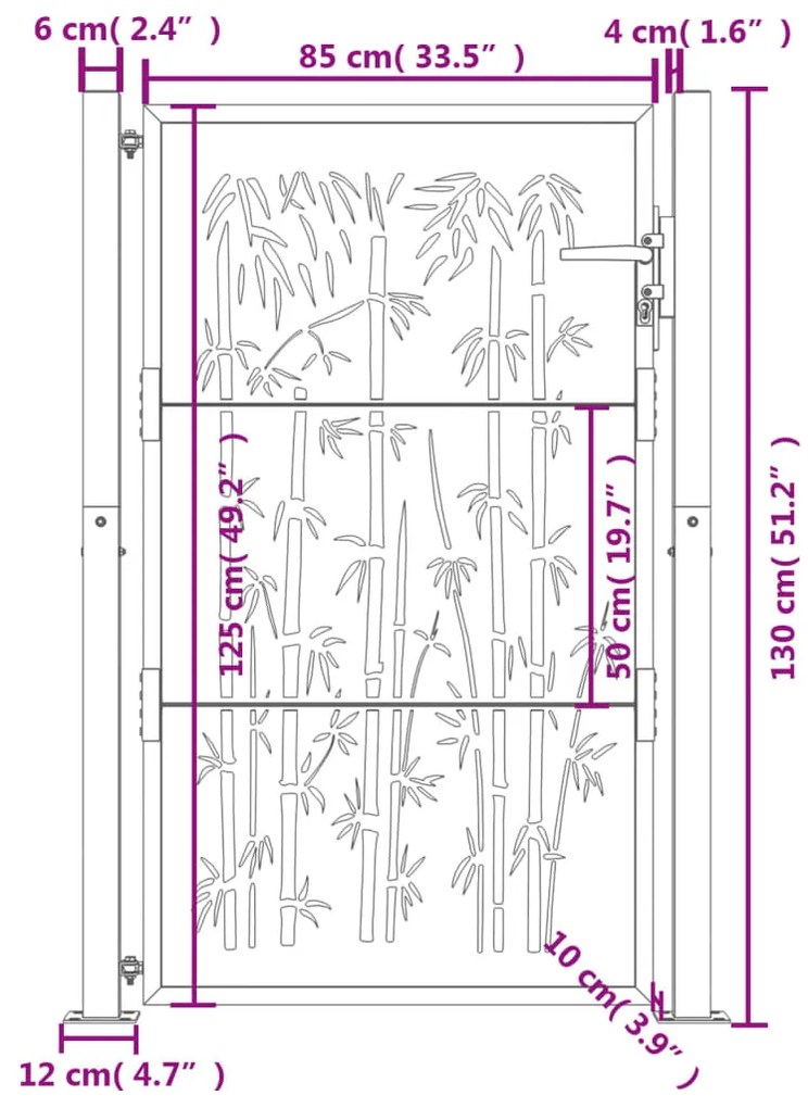 Portão de jardim 105x130 cm aço corten design bambu