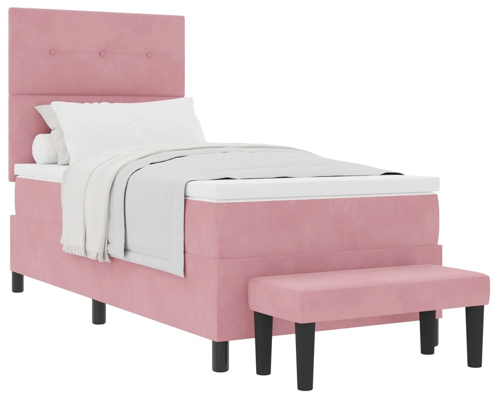 Cama Box Spring com Colchão e Banco Rosa 90x190 cm Veludo