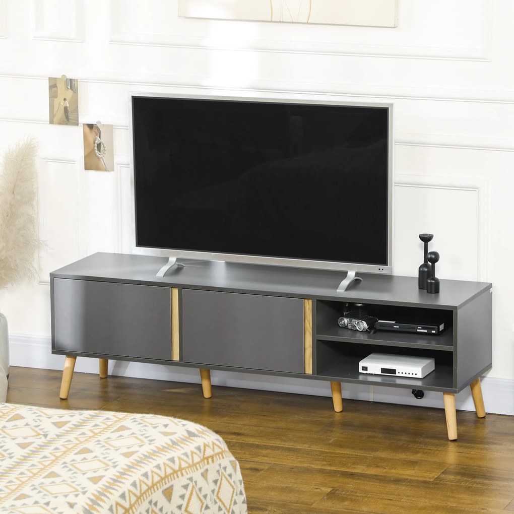 Móvel de TV para televisores até 55 polegadas, estilo escandinavo, com 2 portas e 2 nichos, com passadores de cabos, 150 x 35 x 45 cm, cinzento escuro