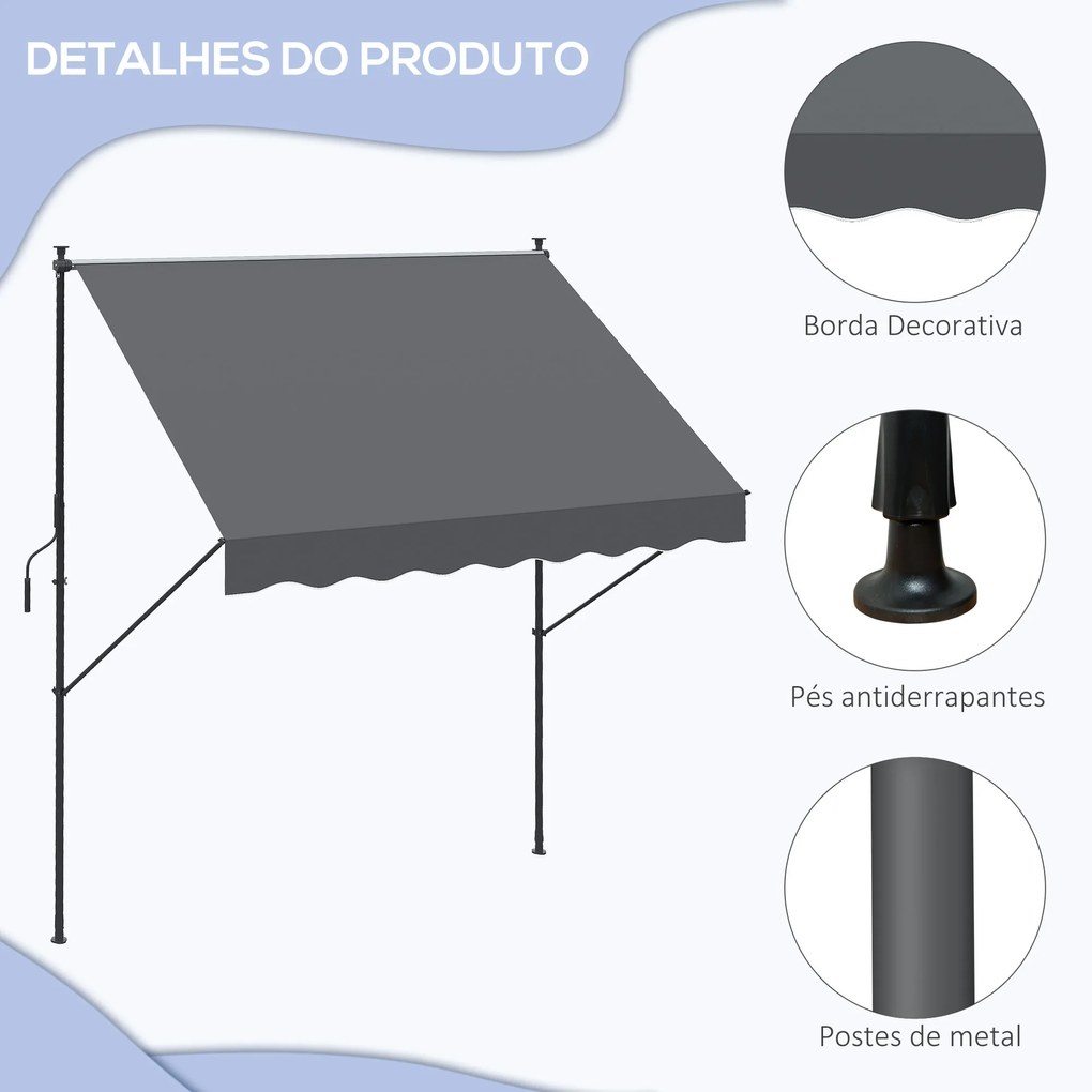 Outsunny Toldo Manual Retrátil 200x170x200-290cm Toldo Ajustável com Manivela Proteção Solar UV40+ para Varanda Jardim Cinza