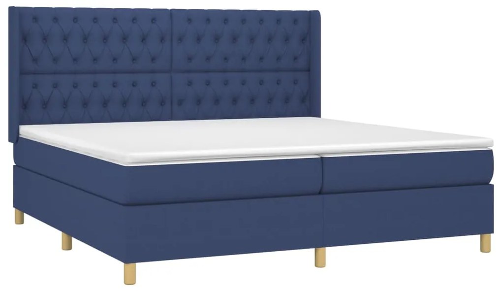 Cama box spring c/ colchão e LED 200x200 cm tecido azul