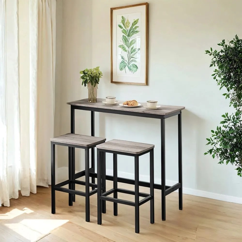 Mesa alta com 2 bancos, mesa de bar com conjunto de bancos altos, conjunto de jantar cinza e preto