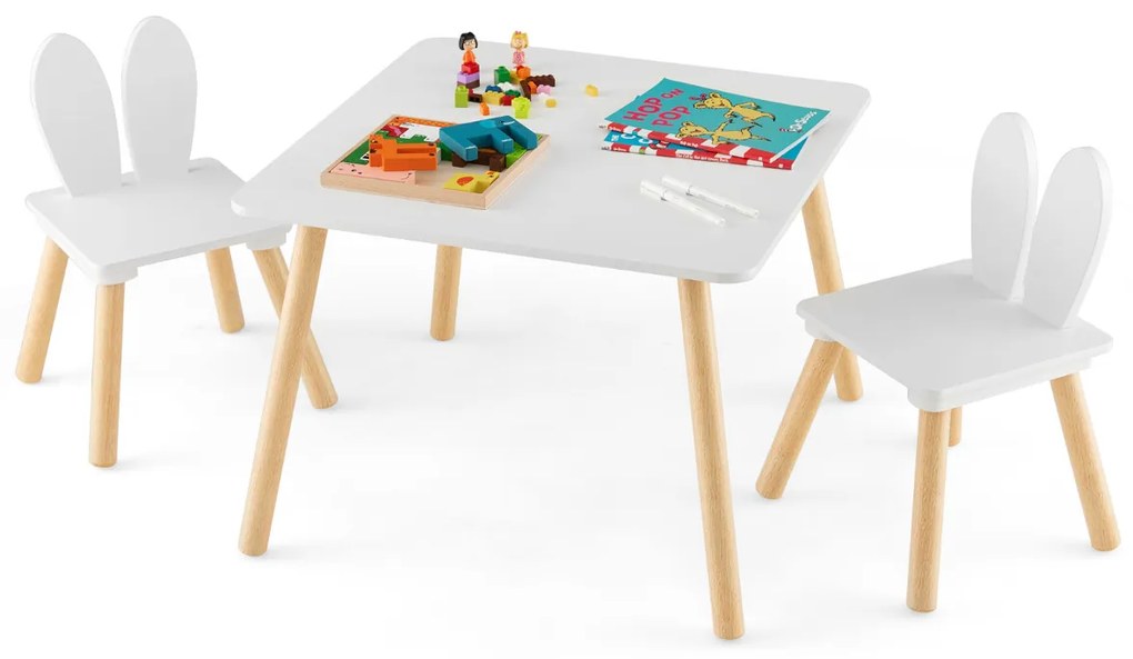 Conjunto de mesa e cadeiras para crianças, mesa quadrada, 2 cadeiras, pernas de madeira, economiza espaço, conjunto de móveis multifuncionais para crianças, branco