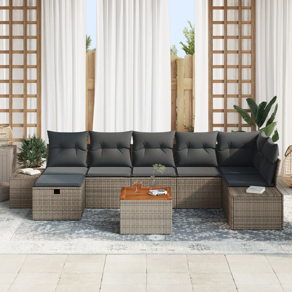 Conjunto de Sofá de Jardim com Almofadas Cinzento Rattan Sintético