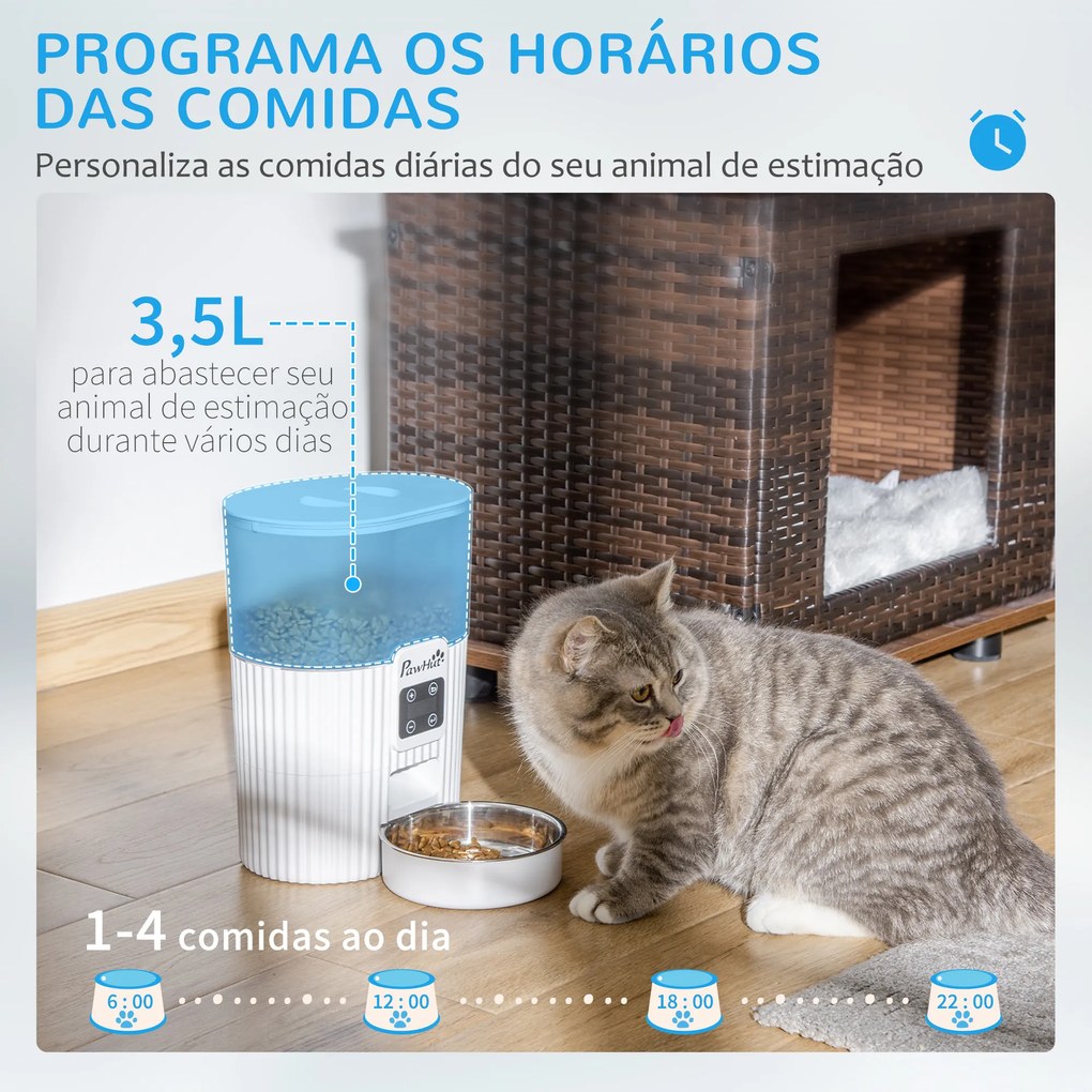 PawHut Comedouro Automático para Cães e Gatos 3,5L com Ecrã LED Temporizador Gravador de Voz Programável 4 Refeições ao Dia Tigela Removível e Lavável 20,5x25x28cm Branco