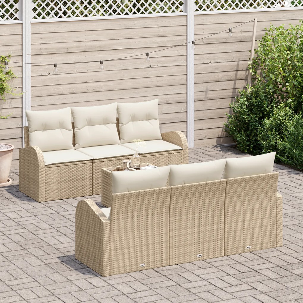 Conjunto de Sofá de Jardim de 7 Peças com Almofadas Bege Poliratan