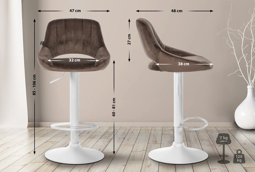 Banco alto Milet em veludo com estrutura branca 85-106 x 47 x 48 cm Castanho