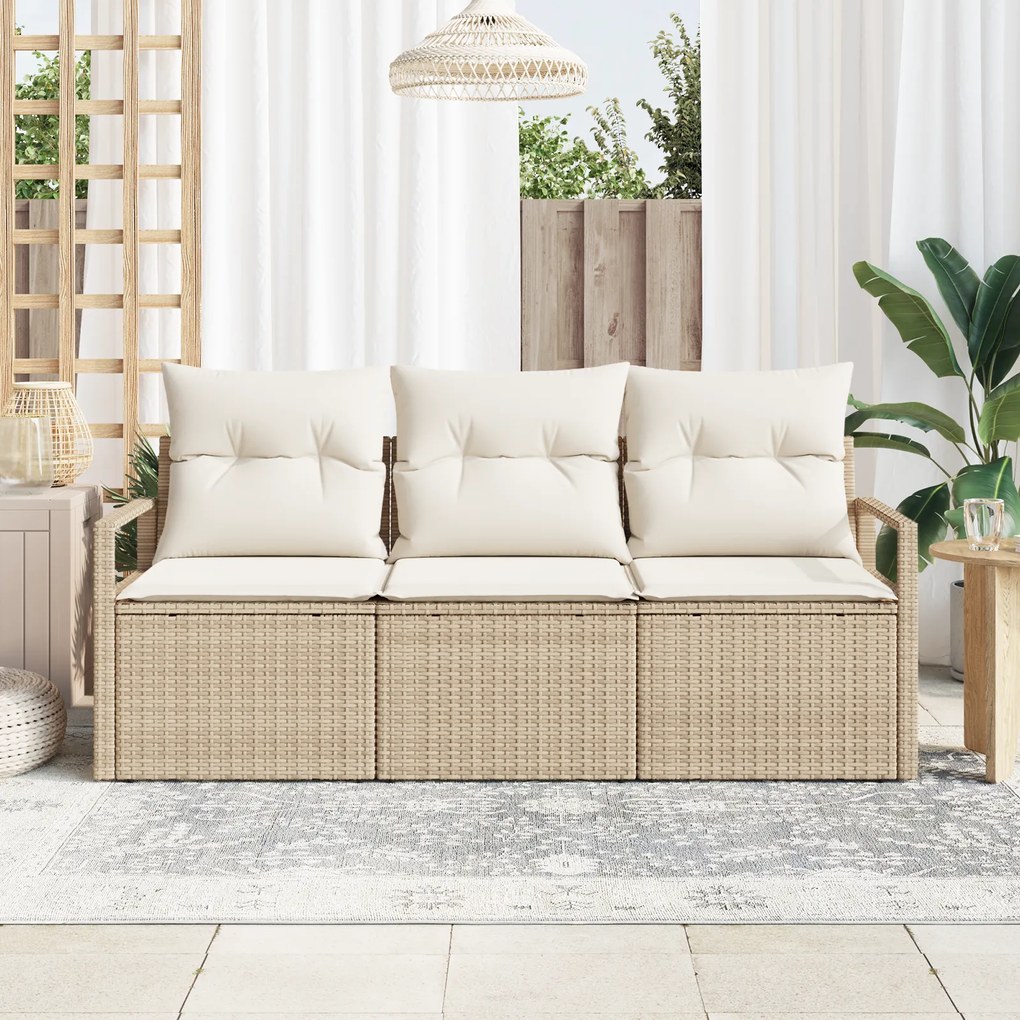 Conjunto de Sofás de Jardim de 3 Peças com Almofadas Bege de Rattan