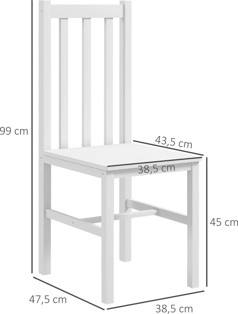 Conjunto de 2 Cadeiras de Sala de Jantar com Encosto de Ripas Estrutura de Madeira de Pinho 38,5x47,5x99 cm Branco