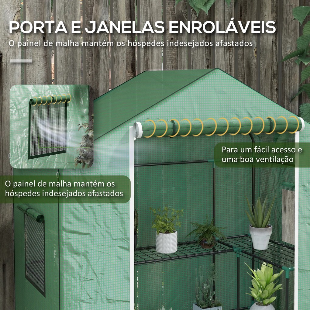 Estufa de Jardim com 1 Porta 2 Janelas e Prateleiras de 2 Níveis em Forma de U para Cultivo de Plantas 140x73x190 cm Verde