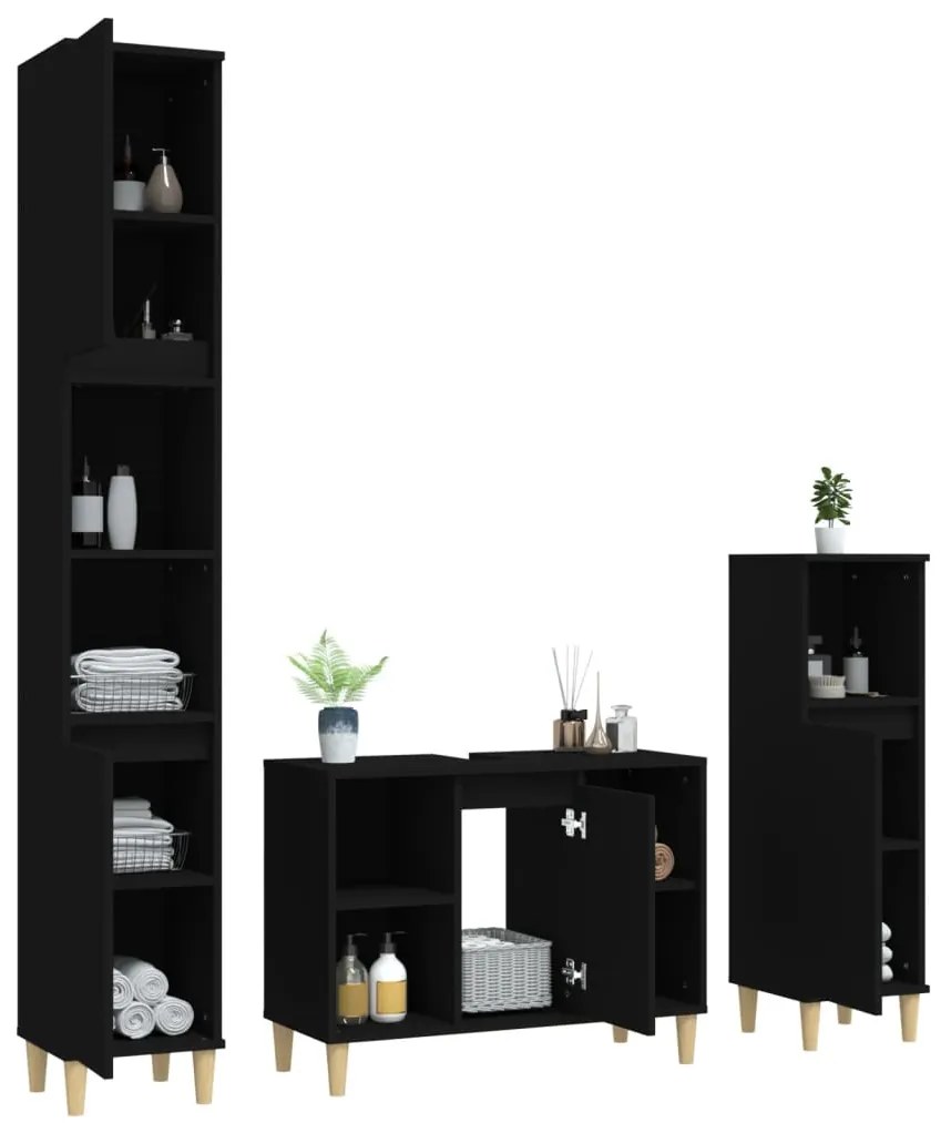 3 pcs conjunto móveis casa de banho derivados de madeira preto