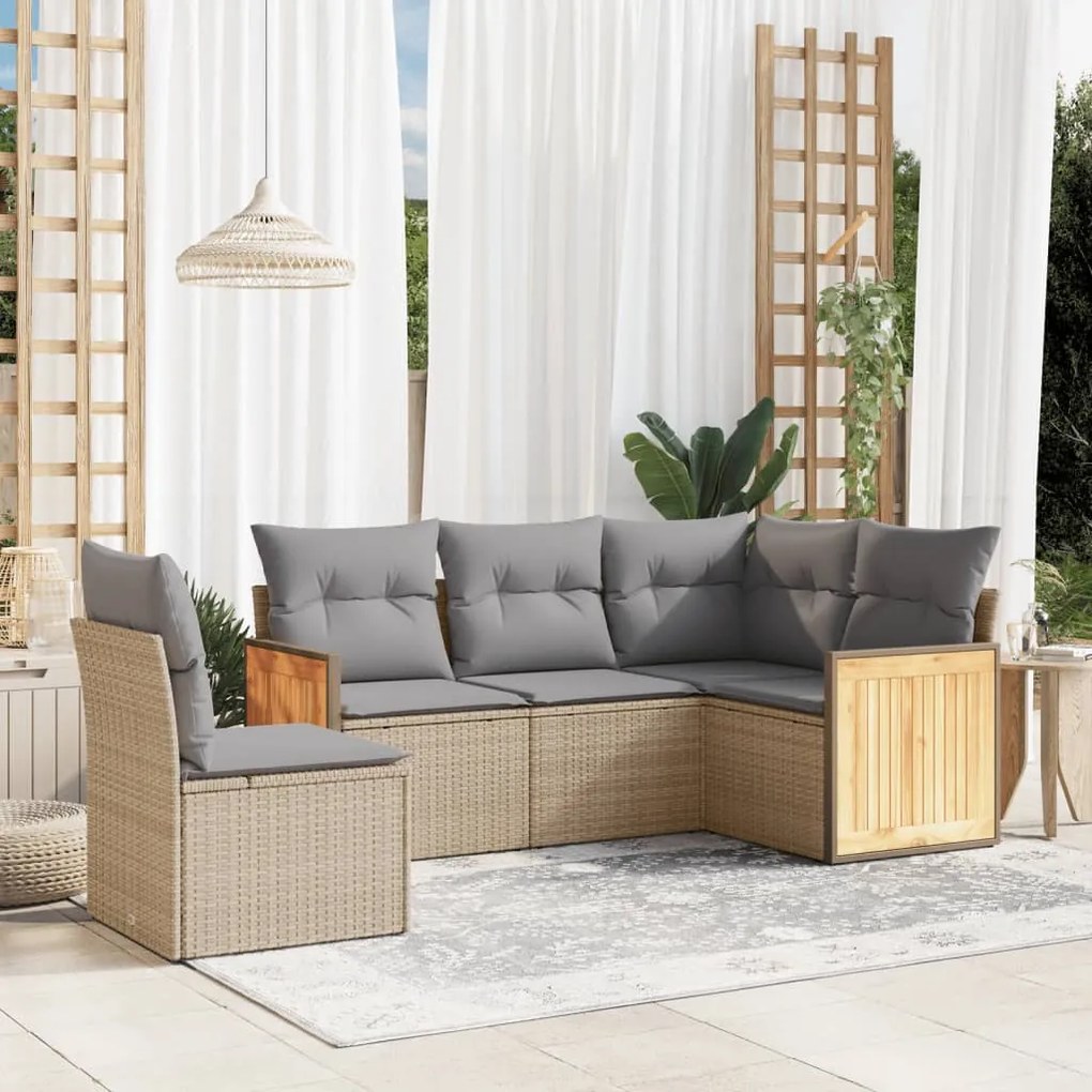 5 pcs conjunto de sofás p/ jardim com almofadões vime PE bege