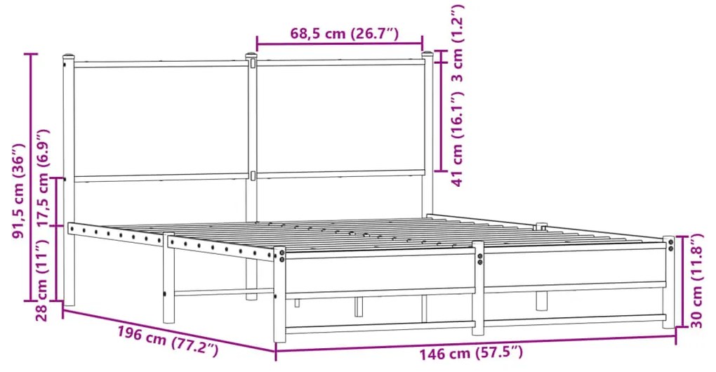 Estrutura de cama sem colchão 140x190 cm metal carvalho fumado