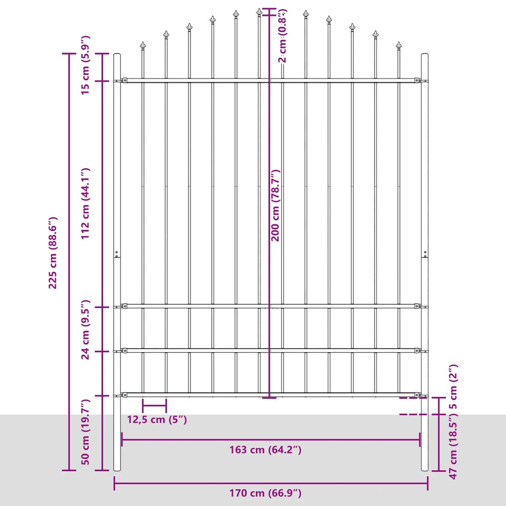 Cerca de Jardim vidaXL com Topo Arqueado Cinza 8,5x2 m em Aço