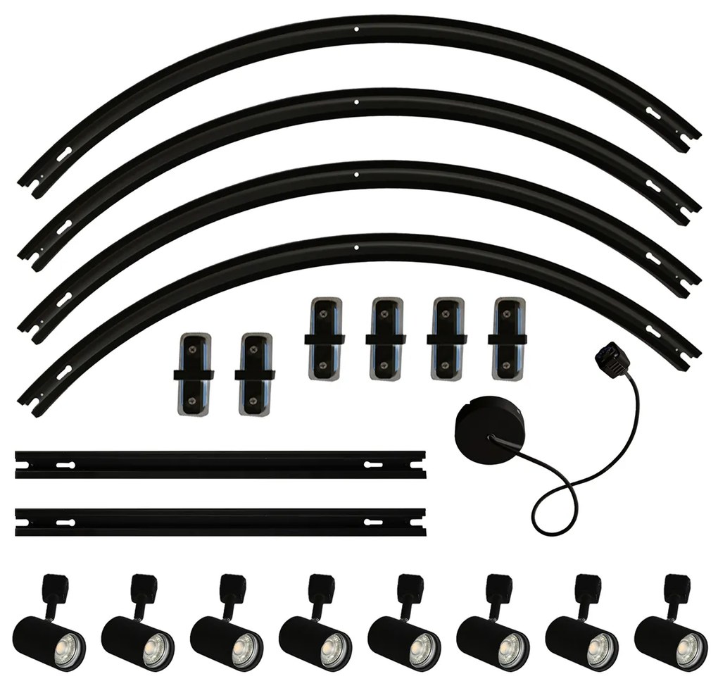 Sistema de iluminação de trilho moderno com 8 focos pretos, monofásico, oval, 200cm - Iconic Jeana