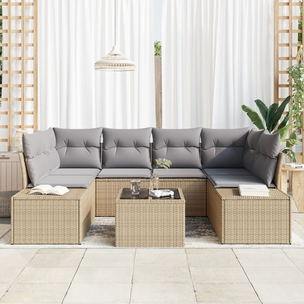 Conjunto de Sofá de Jardim de 7 peças com Almofadas Bege de Polirattan