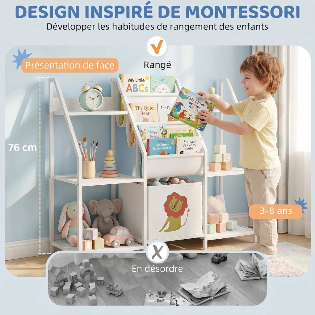 Estante infantil de 3 níveis, estante para livros infantis com gaveta em tecido, 93 x 30 x 76 cm, branca