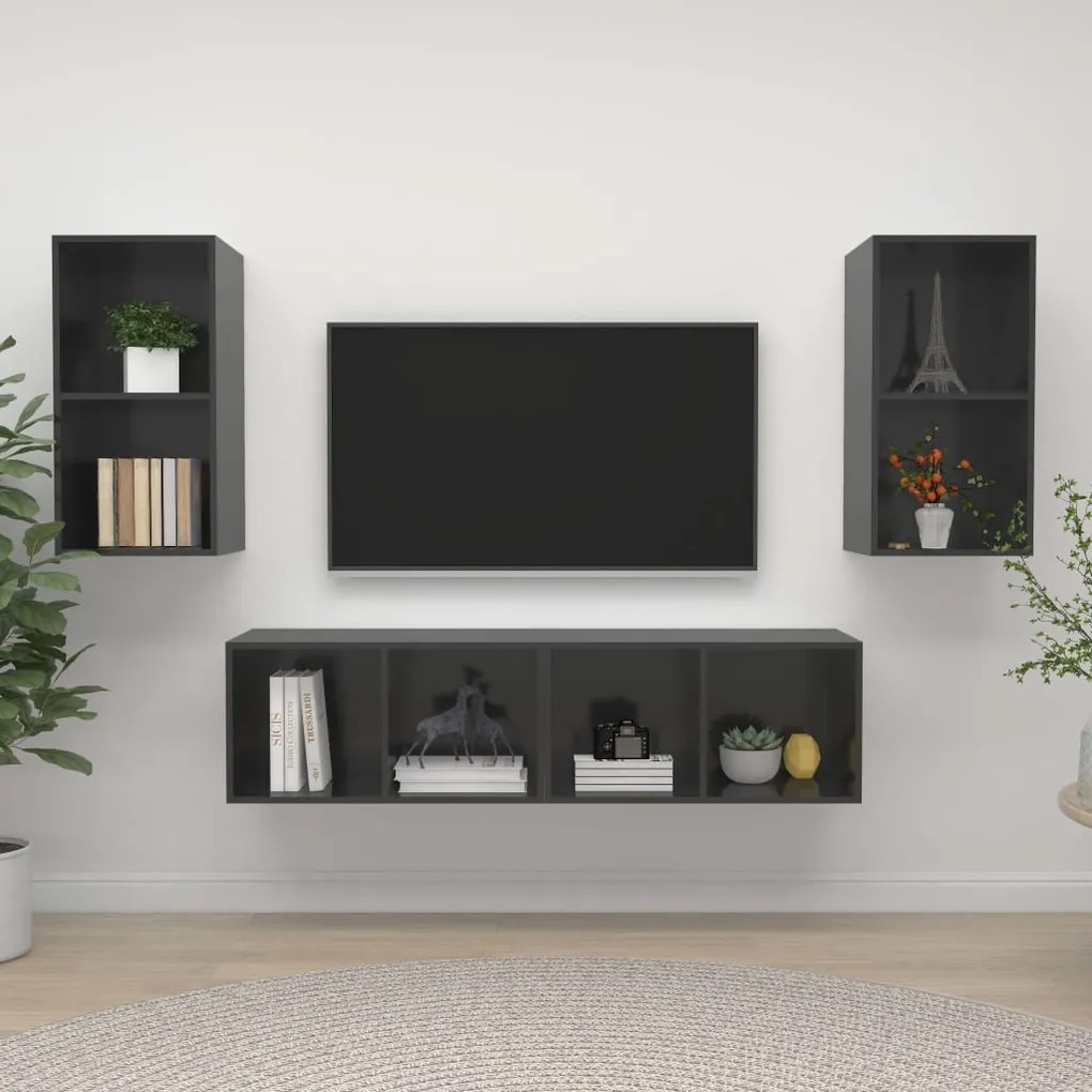 Armários de parede TV 4 pcs derivados madeira cinza brilhante