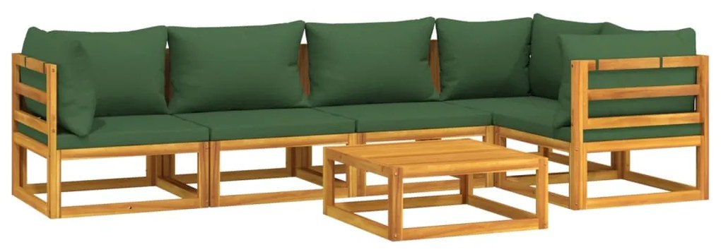 6 pcs conj. lounge jardim madeira c/almofadões verdes