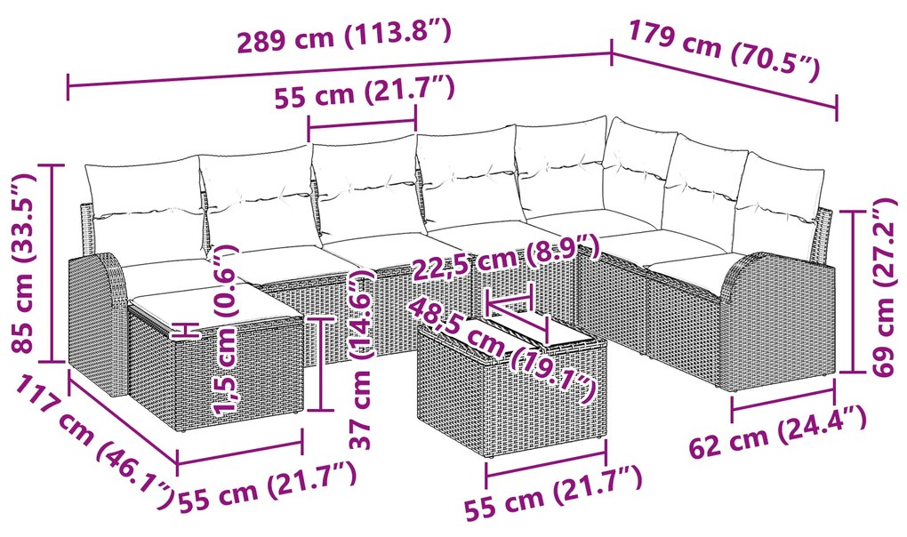 Conjunto de Sofás de Jardim de 8 Peças com Almofadas Cinza em Rattan P