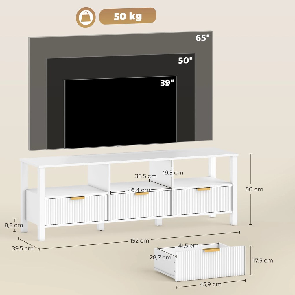Móvel para TV de 152 cm, móvel para televisor de 65 polegadas com 3 gavetas e 3 prateleiras abertas, 152 x 39,5 x 50 cm, branco