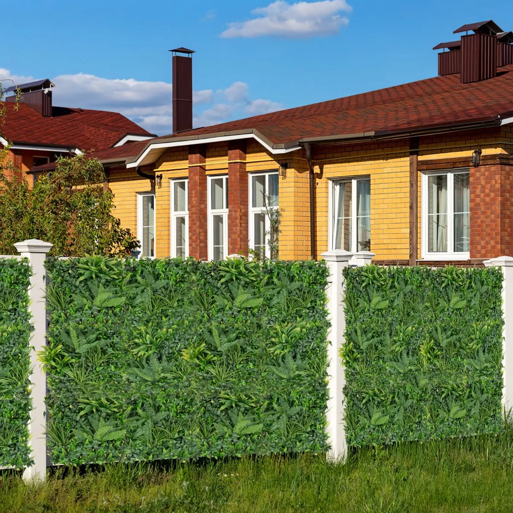 Conjunto 4 peças de painéis de sebes artificial 50 x 50 cm com várias folhas Painel de parede de relva de proteção solar para interior e exterior Verd