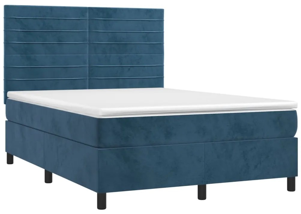 Cama box spring c/ colchão/LED 140x200 cm veludo azul-escuro