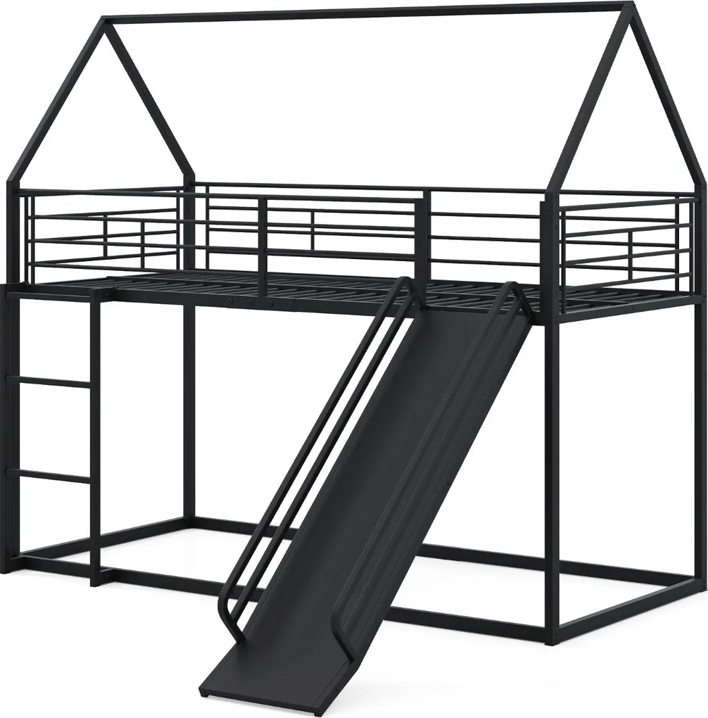Cama Beliche Crianças 204 x 195 x 181,5 cm em forma de casa com escorrega (COLCHÃO E ACESSÓRIOS IMAGEM NÃO INCLUIDOS) com grade de segurança e escada