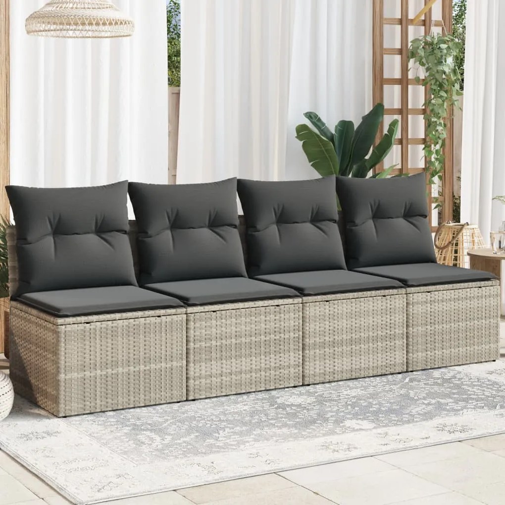 vidaXL Sofá jardim de 4 lugares com almofadões vime PE cinzento claro