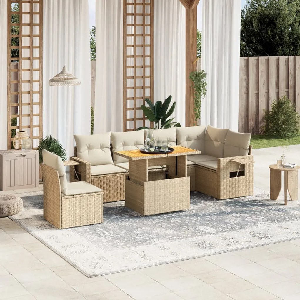 vidaXL 7 pcs conjunto de sofás p/ jardim com almofadões vime PE bege