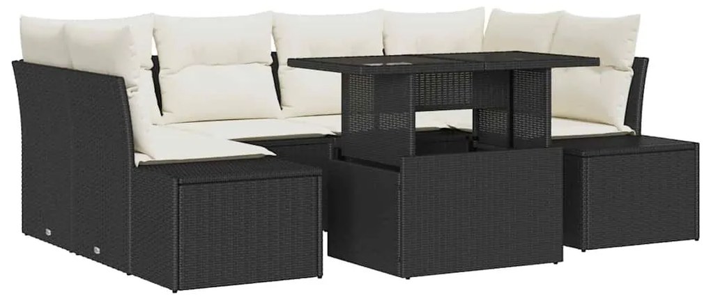 Conjunto de Sofá de Jardim com 7 Peças e Almofadas Preto em Rattan
