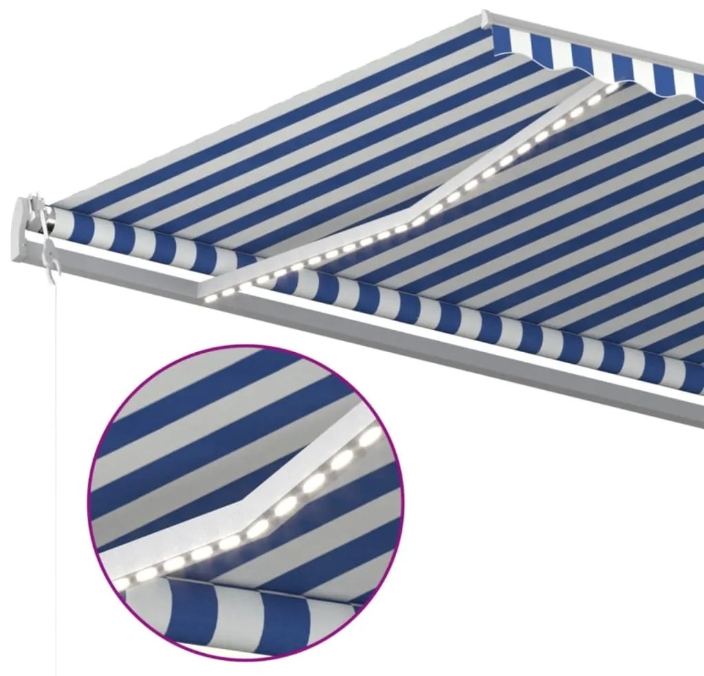 Toldo autom. c/ LED e sensor de vento 600x350 cm azul/branco