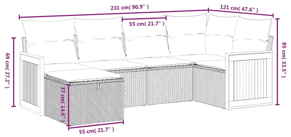 6 pcs conjunto de sofás p/ jardim com almofadões vime PE bege