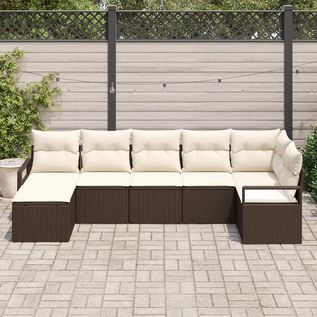 Conjunto de Sofás de Jardim de 7 Peças com Almofadas Castanho Rattan P