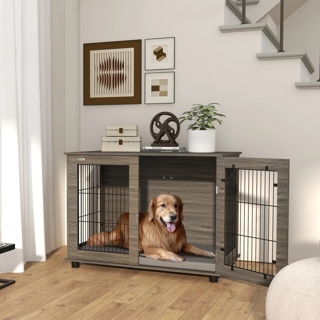 Gaiola para cães 2 em 1: mesa auxiliar com almofada de pelúcia com capa removível e porta com fecho de segurança, 100 x 60 x 73,5 cm, cinzenta