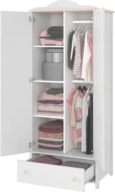 Roupeiro Elblive 130, Cor-de-rosa claro, Branco, 196x85x52cm, 73 kg, Portas para roupeiro: Com dobradiças, Número de prateleiras: 3, Número de prateleiras: 3