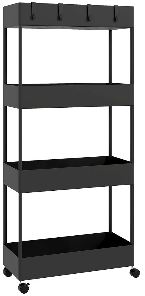 HOMCOM Carrinho Auxiliar com Rodas Carrinho de Armazenamento com 4 Cestas e 4 Ganchos Amovíveis 40x19x90 cm Preto | Aosom Portugal