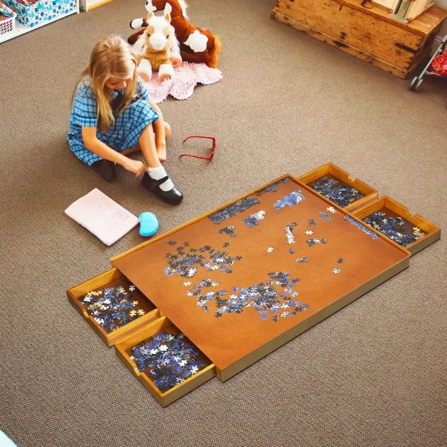 Mesa de puzzle em madeira 1000-1500 peças com superfície lisa e 4 gavetas 80 x 65 x 7 cm