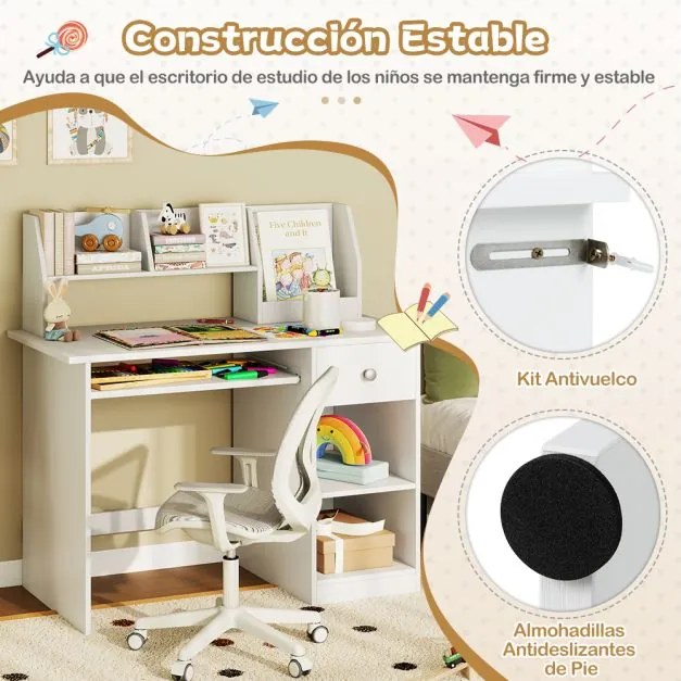 Secretária para crianças com bandeja para teclado, gaveta e estante multifuncional (CADEIRA NÃO INCLUIDA) Branco