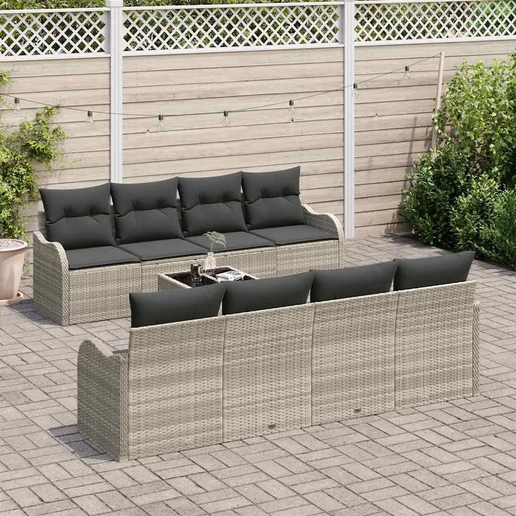 Sofá de Jardim com 9 Peças e Almofadas Cinza Claro em Rattan